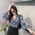 Women Elegant Floral Printed Blouses, Lace V Neck Warp Bow Tie Neck Lantern Sleeve Shirts Top. 