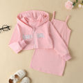 【Happy childhood memories】(NEW)Baby House Kid Girl Fall 2 Pieces Outfits Sets, Letter Printed Long Sleeve Zipper Hoodies Coat Solid Color Spaghetti Straps Dress.