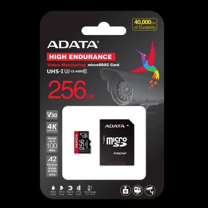 ADATA HIGH Endurance 256GB (U3,UHS-1,V30,20000hrs of Durability,Water/Shock/X-Ray Proof,Anti Static,4K, 8K, 3D, or 360° video recording) MICROSDXC Memory Card