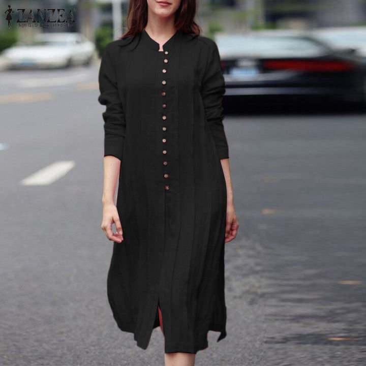 ZANZEA%20Women%20Fashion%20Round%20Neck%20Shirtdress%20Versatile%20Button%20Down%20Side%20Split%20Dresses%20#15%20-%20Image%203