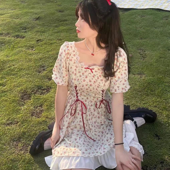 Floral Mini Dress Women Puff Sleeve Flare Shirring Design French Style Elegant