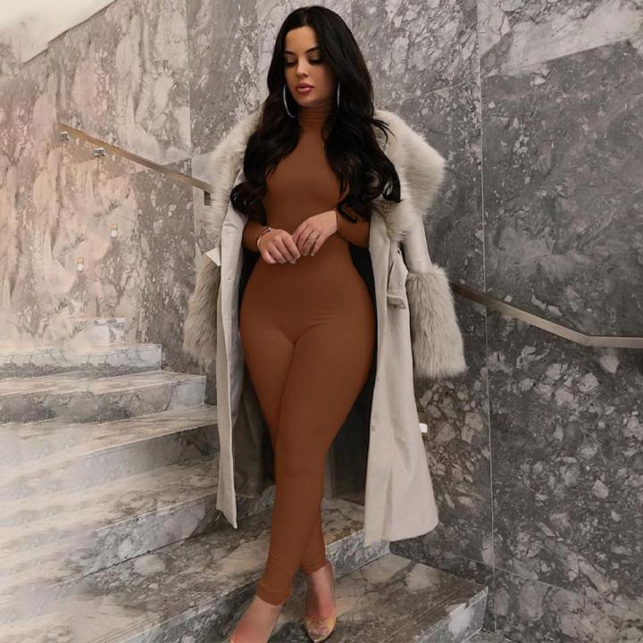 Hugcitar Long Sleeve Solid Turtleneck Skinny Bodycon Jumpsuit Autumn Winter Women Fashion Streetwear Casual Romper