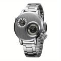 Men Double Movement Stainless Steel Luxury Wrist Watch Large Dial Men Business Watch.