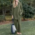 Women closet Shirt Pants Set Solid Color Lapel Long Sleeve Wide Leg Pants Casual. 