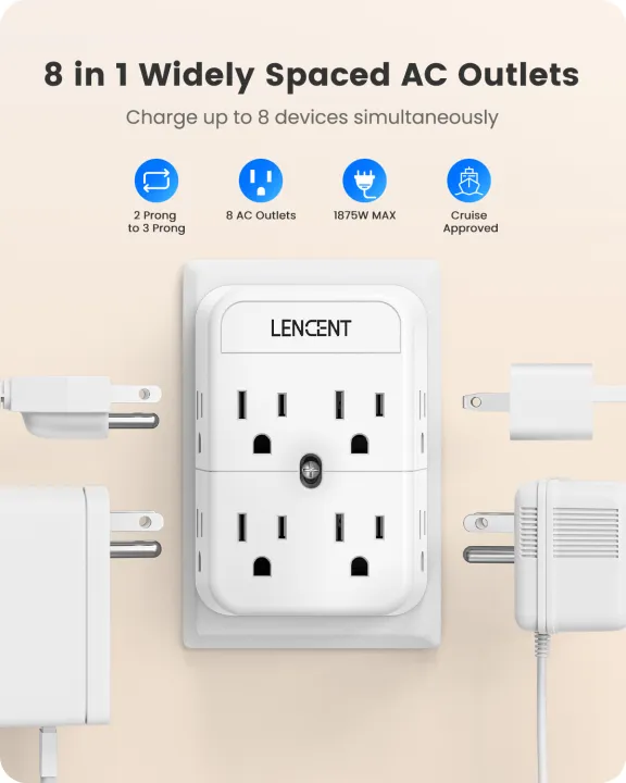 LENCENT%202%20Prong%20Power%20Strip,%203%20to%202%20Prong%20Outlet%20Adapter,%20Polarized%20Plug,%203-Sided%208%20Outlets%20Widely%20Spaced%20Extender,%20Compact%20Wall%20Plug%20Splitter%20Tap%20for%20Non-Grounded%20Outlets%20-%20Image%209