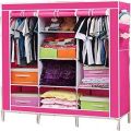 portable folding simple open door non woven fabric cloth storage wardrobe almirah for Daily use 3 part - Multi Color. 