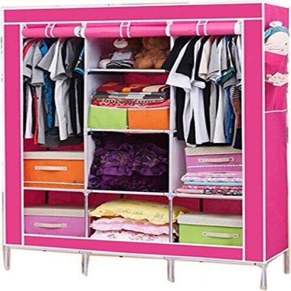 portable folding simple open door non woven fabric cloth storage wardrobe almirah for Daily use 3 part - Multi Color