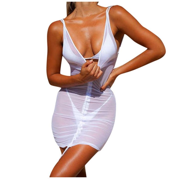 Womens%20swimwear%20Cover-Ups%20drawstring%20Mini%20Dress%20Lady%20Sheer%20Mesh%20Summer%20Beach%20Bodycon%20Party%20Bikini%20Wraps%20Cover%20Ups%20Mini%20Dress%20-%20Image%202