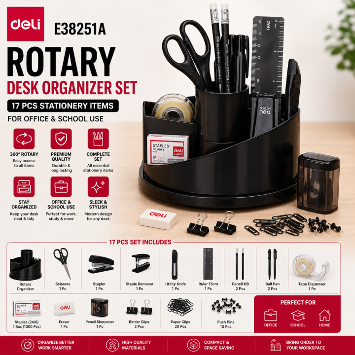 Deli E38251A Rotary Desk Organizer Set 17 Pcs Stationery Items for Office & School Use