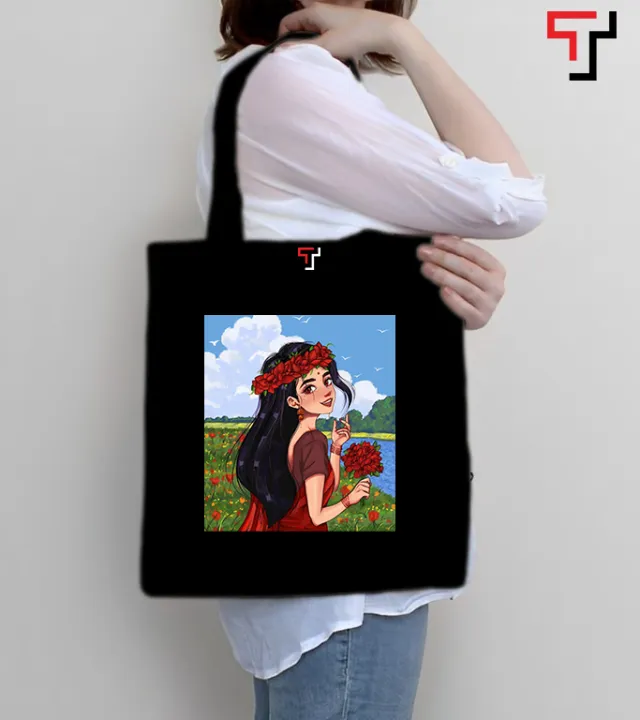 Customizely%20Illustrated%20bengali%20girl%20with%20saree%20Printed%20Black%20and%20White%20Canvas%20Tote%20Bag%20with%20Zipper%20for%20Girls%20-%20Image%203
