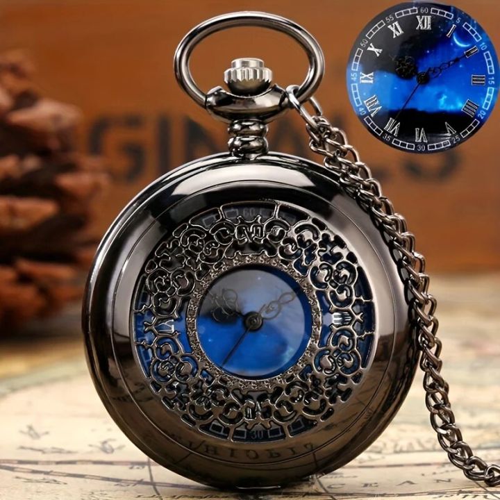 Starry Blue Dial Pendant Bronze Hollow Quartz Pocket Watch Roman - Main Image
