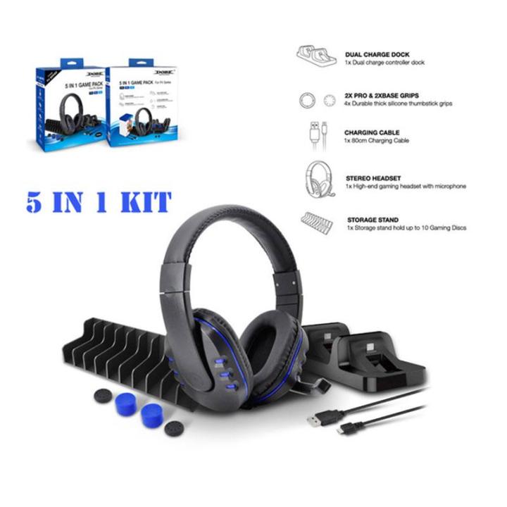 DOBE 5 in 1 Game Pack Charger Station Dock Microphone Gaming Headset Games Stroage Stand for PS4/PS4 Pro/PS4 Slim