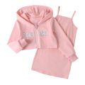 【Happy childhood memories】(NEW)Baby House Kid Girl Fall 2 Pieces Outfits Sets, Letter Printed Long Sleeve Zipper Hoodies Coat Solid Color Spaghetti Straps Dress.