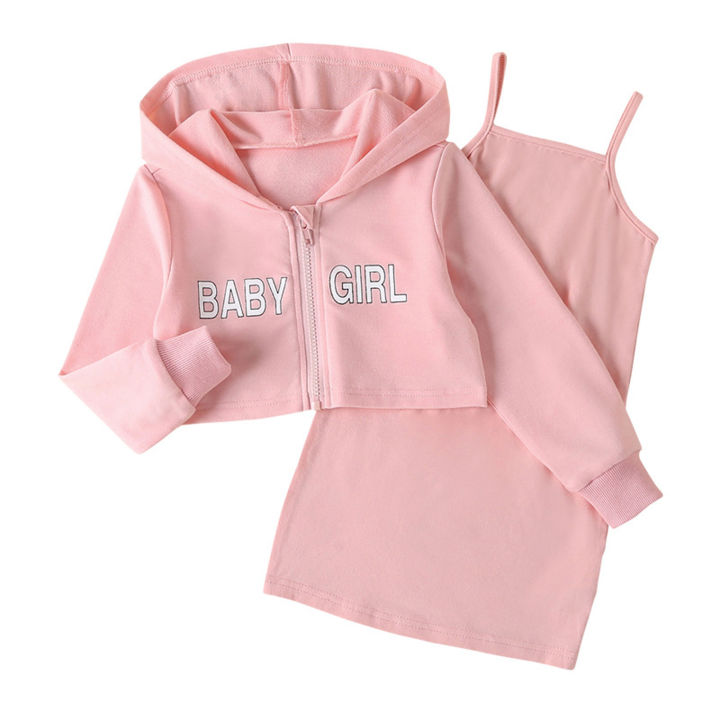 【Happy childhood memories】(NEW)Baby House Kid Girl Fall 2 Pieces Outfits Sets, Letter Printed Long Sleeve Zipper Hoodies Coat Solid Color Spaghetti Straps Dress