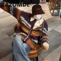 ZAZOMDE Winter Rainbow Color Contrast Jumper Oversize Cardigan Sweater Knitwear Men Loose High Street Couple Stripe Sweater Coat.