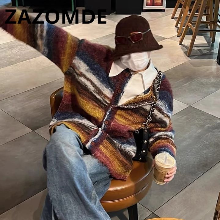 ZAZOMDE Winter Rainbow Color Contrast Jumper Oversize Cardigan Sweater Knitwear Men Loose High Street Couple Stripe Sweater Coat