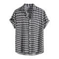Men's Shirt Summer Leisure Ethnic Cotton Blend Men Shirt Houndstooth Plaid Print Lapel Short Sleeve Shirt Streetwear Top Camisas. 