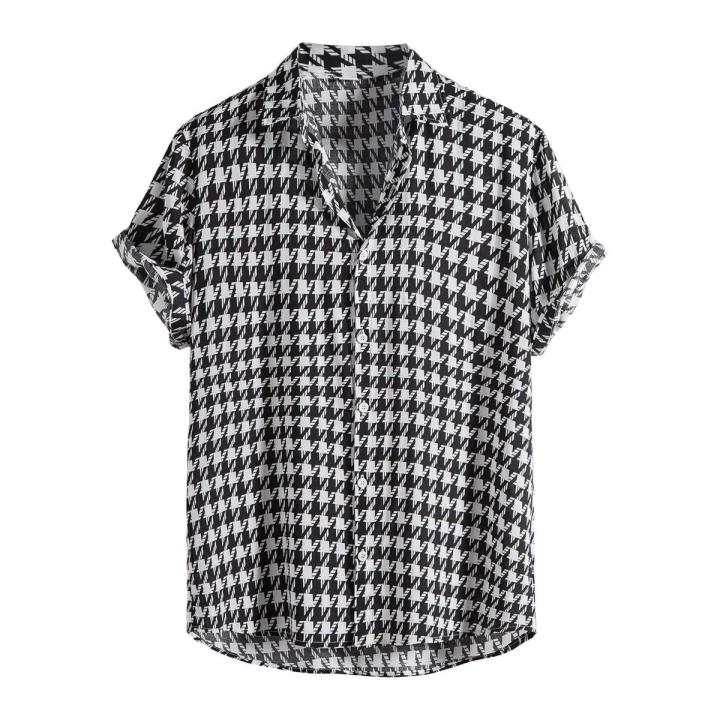 Men's Shirt Summer Leisure Ethnic Cotton Blend Men Shirt Houndstooth Plaid Print Lapel Short Sleeve Shirt Streetwear Top Camisas