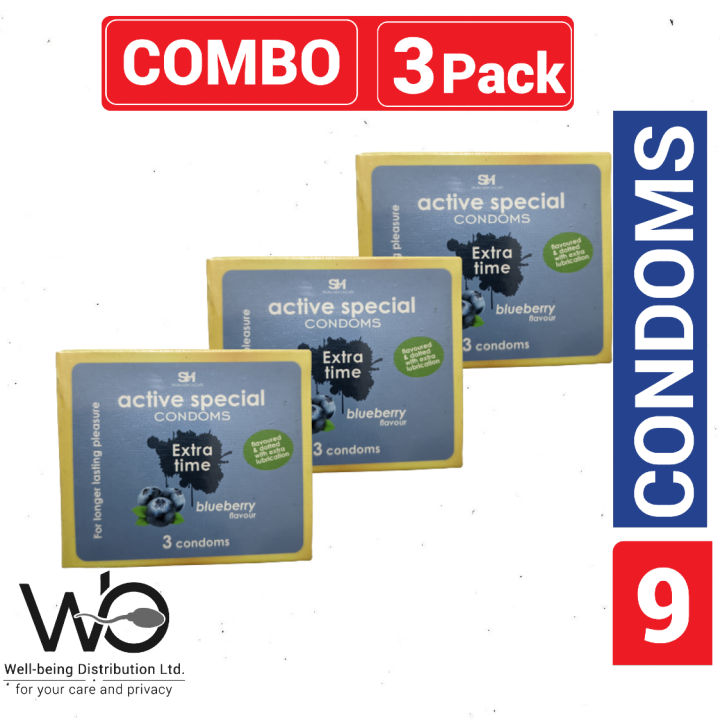 Active Condoms - Blueberry Flavor Long Lasting Dotted Extra Time Condom - 3 Pack Combo - 3x3=9pcs Condom (Made in India)