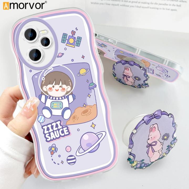 AMORVOR for Realme C35 Back Cover (With Free Holder) Space Girl Soft Wavy Phone Case Camera Protection Transparent TPU Soft Cover