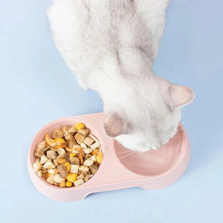 Pet Dishes Solid Color Double Bowl PP Material Cat Food Dispenser for Indoor