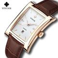 【support】 WWOOR Brand Classic Fashion Mens Rectangle Watches Male Brown Leather Quartz Waterproof Wrist Watch For Men Calendar Clocks. 