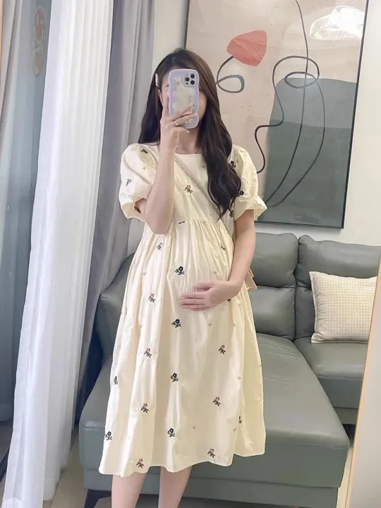 2024%20New%20Maternity%20Summer%20Dress%20Dress%20Western%20Style%20French%20Puff%20Sleeve%20Floral%20Skirt%20Small%20Pregnant%20Women%20Summer%20Suit%20-%20Image%202