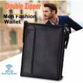 Black 100% Cow Leather Card Holder and Two Zipper Pockets Wallet for Men - wallet for men. 