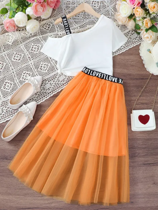 2PCS%20Summer%20Child%20Girl%20Clothes%20Set%20Short%20Sleeve%20Shoulder%20Leakage%20T-shirt+Mesh%20Skirt%20College%20Style%20Costume%20for%20Kid%20Girl%208-12Years%20-%20Image%204