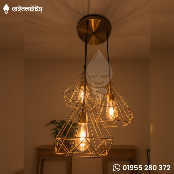 Diamond pendant light shade with bulb | Decorative light shade | Filament bulb | Metal frame chandelier | Black color | Golden Color | Single piece | 3 piece set