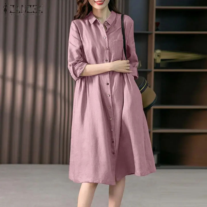 Women%20Causal%20Shirt%20Dress%20Women%20Long%20Sleeve%20Solid%20Dresses%20ZANZEA%20Fashion%20Lapel%20Neck%20Midi%20Vestidos%20Holiday%20Sundress%20Oversize%20-%20Image%203