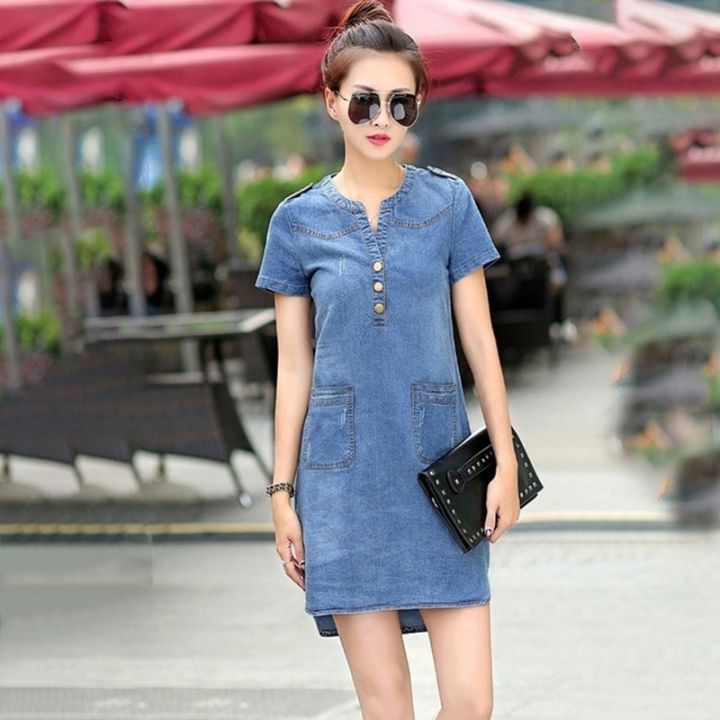 Plus%20Size%205XL%20Summer%20Style%20Denim%20Dresses%20Women%20V-Neck%20Short%20Sleeve%20Slim%20Jeans%20Dress%20With%20Pockets%20Vestidos%20Women%20Clothing%20-%20Image%204