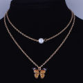Trendy Fashionable Double Layer Pearl Chain Choker Butterfly Pendant Necklaces for Girls Simple Stylish New Collection 2024 - Necklace for Women Simple Stylish Fashion. 