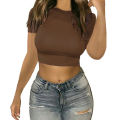 2023 New Summer European and American Women's Foreign Trade Top Fashion crop crop solid color round neck slim short sleeve T-shirt.