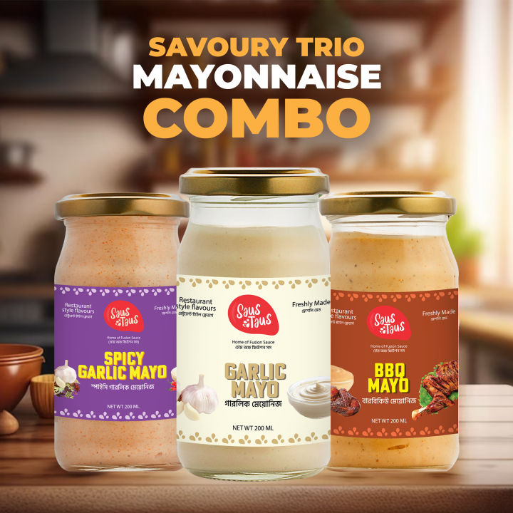 3 in 1’’ GARLIC, BBQ, SPICY-GARLIC MAYONNAISE Savoury Trio Combo ...