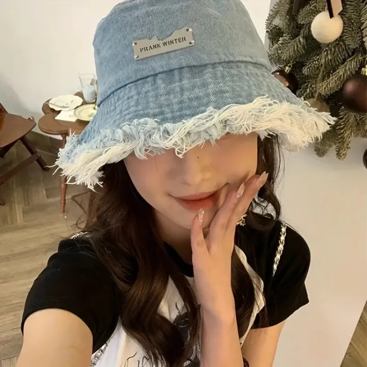 Fashionable%20Distressed%20Denim%20Fisherman%20Hat%20Women%20Washed%20Denim%20Bucket%20Cap%20with%20Tassel%20and%20Iron%20Label%20Outdoor%20Sun%20Protection%20Wide%20Brim%20-%20Image%202
