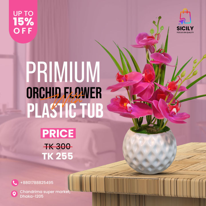 Artificial Primium Orchid Flower Tub (POFT-0306)Hot Pink