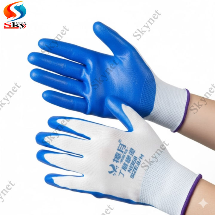 Nylon hand Gloves (Rubber Coated Nitrile) , Safety gloves for Industrial, Construction, Household, Cycling, Bike Riding, Gardening, Kitchen Work Use, blue , Colour ( 1 Pair)