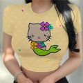 Women's Shirt Y2k Aesthetic T Shirt Streetwear Cartoon Print Short Sleeve Crop Top T Shirt Harajuku Clothing Top Hello Kitty.