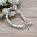 Religious Pearl Bracelet Angel Wing Cross Beaded Bracelet Baby Shower Girl Boy Baptism Gift. 