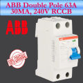 ABB Residual Current Circuit Breaker RCCB Double Pole 63A/30mA-Italy (Original). 