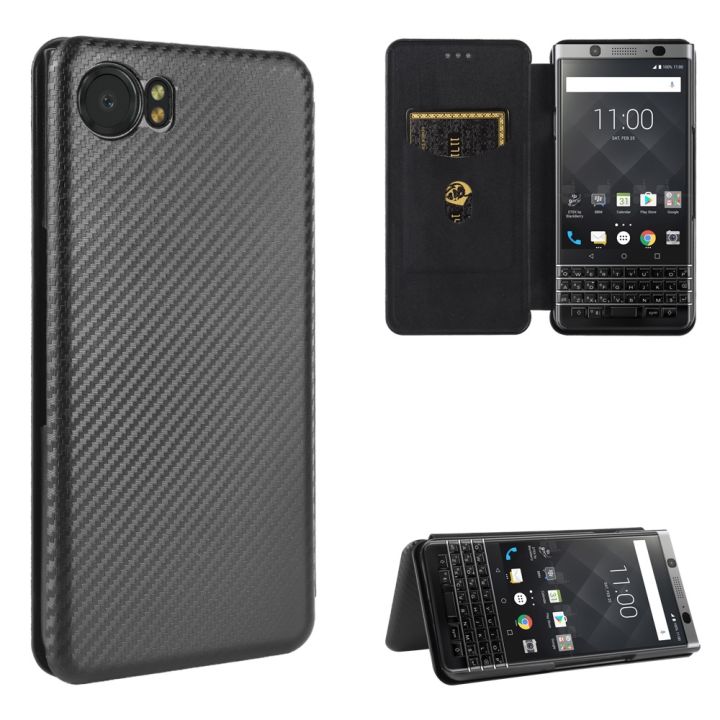 Phone Case Carbon Fiber Texture Horizontal Flip TPU + PC + PU Leather Case with Card Slot For BlackBerry Keyone