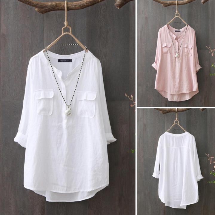 Premium Quality Ladies summer buttons v-neck casual long shirt tunic tops  asymmetrical hem blouse Couture High-end