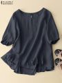 Woman Vintage Solid Blouse Femme Half Sleeve O-Neck Shirt Elegant Casual Tunic Tops Blusas.