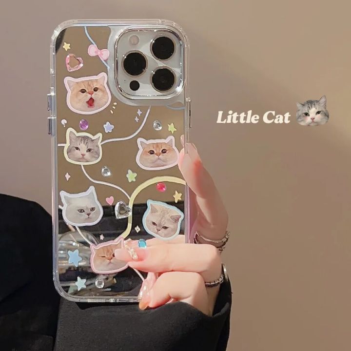 Electroplated Mirror Cat Head Phone Case for iPhone15 14 12 13 11 Pro ProMax Plus X XR Xsmax Shockproof Phone Cover