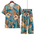 Middle-aged and elderly cotton silk pajamas, women's summer thin short-sleeved two-piece suits, summer cotton cotton silk home clothes can be worn outside. 
