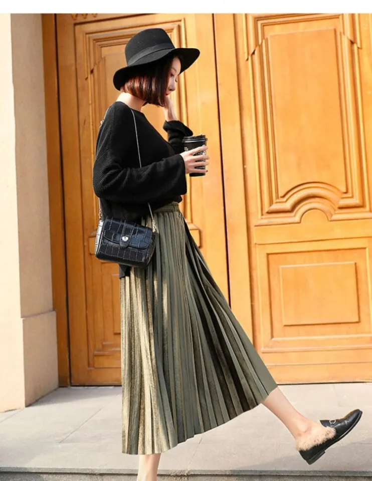 2020 Women Velvet Pleated Maxi Long Skirt Elegent High Waist A - Main Image