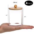4 Pack Qtip Holder, 10-Ounce Bathroom Organizer Accessories Storage Containers Clear Plastic Apothecary Jars with Bamboo Lids for Cotton Ball, Cotton Swab, Floss. 