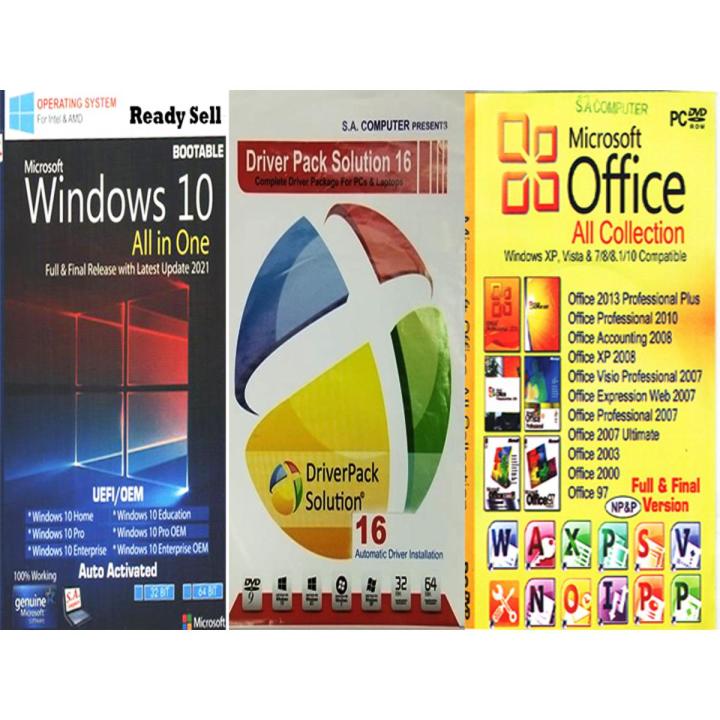 Windows 10 DVD (All In One)/Driver Pack Solution 16/17/Microsoft Office DVD Disk (All Collection)