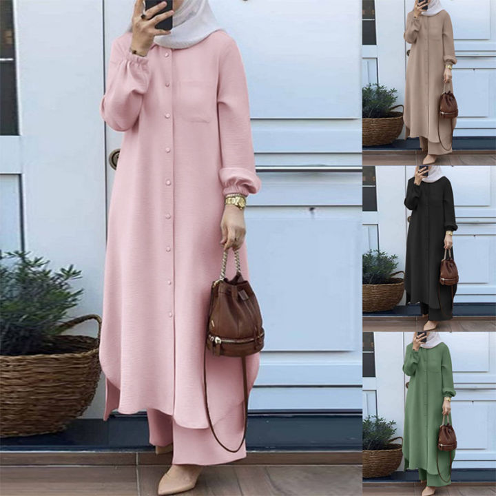 Ladies%202%20Pieces%20Set%20Islamic%20Dress%20Jumpsuit%20Muslim%20Top%20Solid%20Arabic%20Blouse%20and%20Pants%20-%20Image%202